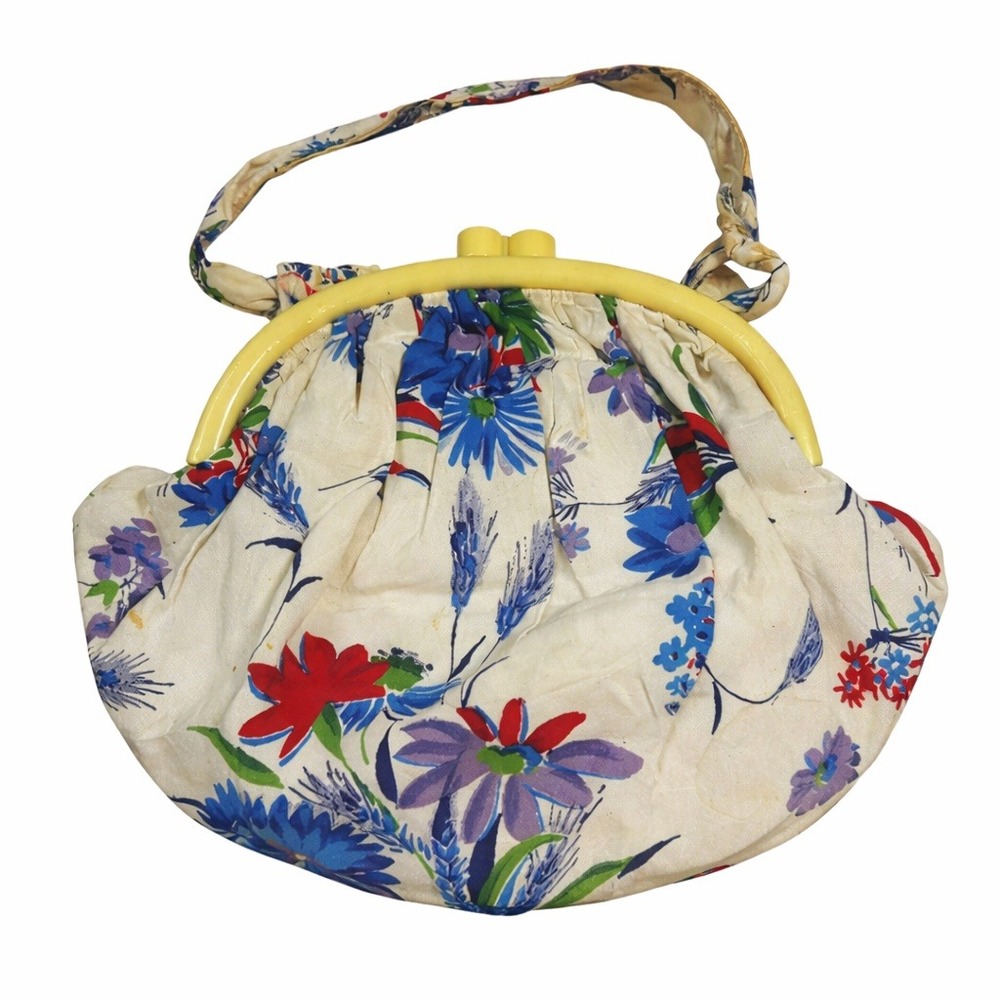 Vintage Floral Coin Purse Set Kiss Lock‎ Bakelite Handle Cream Blue Red